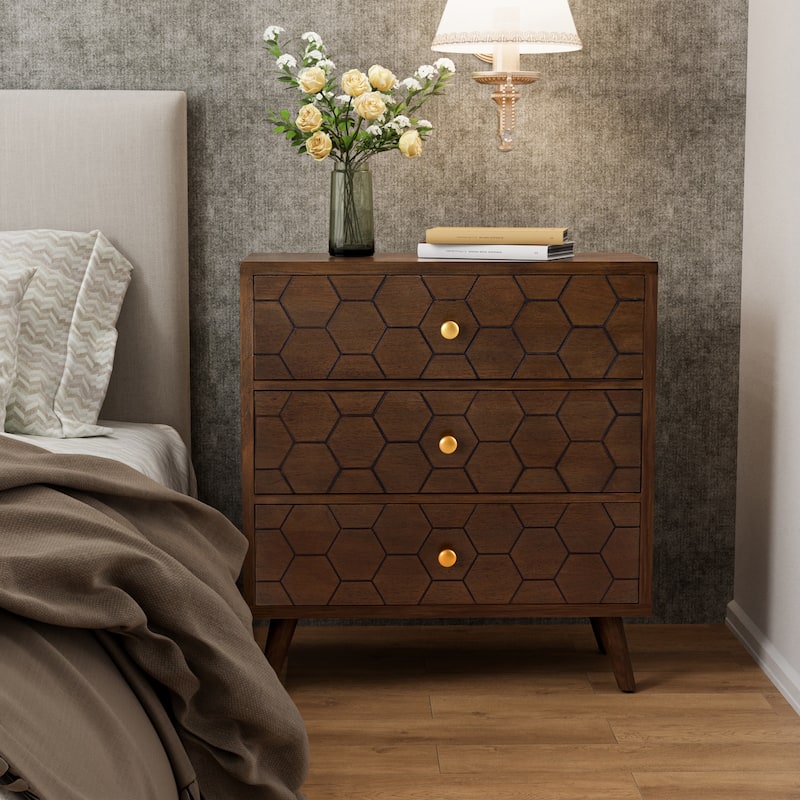 SUNBURY Solid Wood Brown Nightstand with 3-Drawers - Honeycomb - 3-drawer