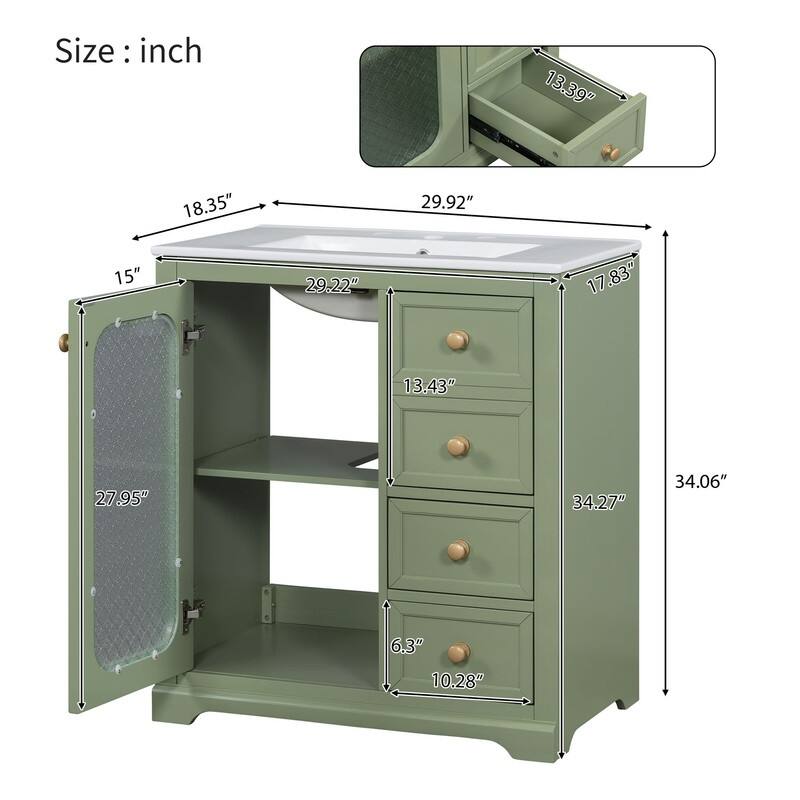 30''/36'' Bathroom Vanity with Sink, 3 Drawers Bathroom Storage Cabinet with Soft-Close Glass Door and Adjustable Shelf