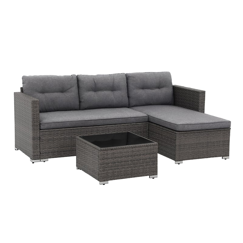 L-Shaped Outdoor Sectional Sofa, PE Wicker Patio Sofa Set with Table and Cushions