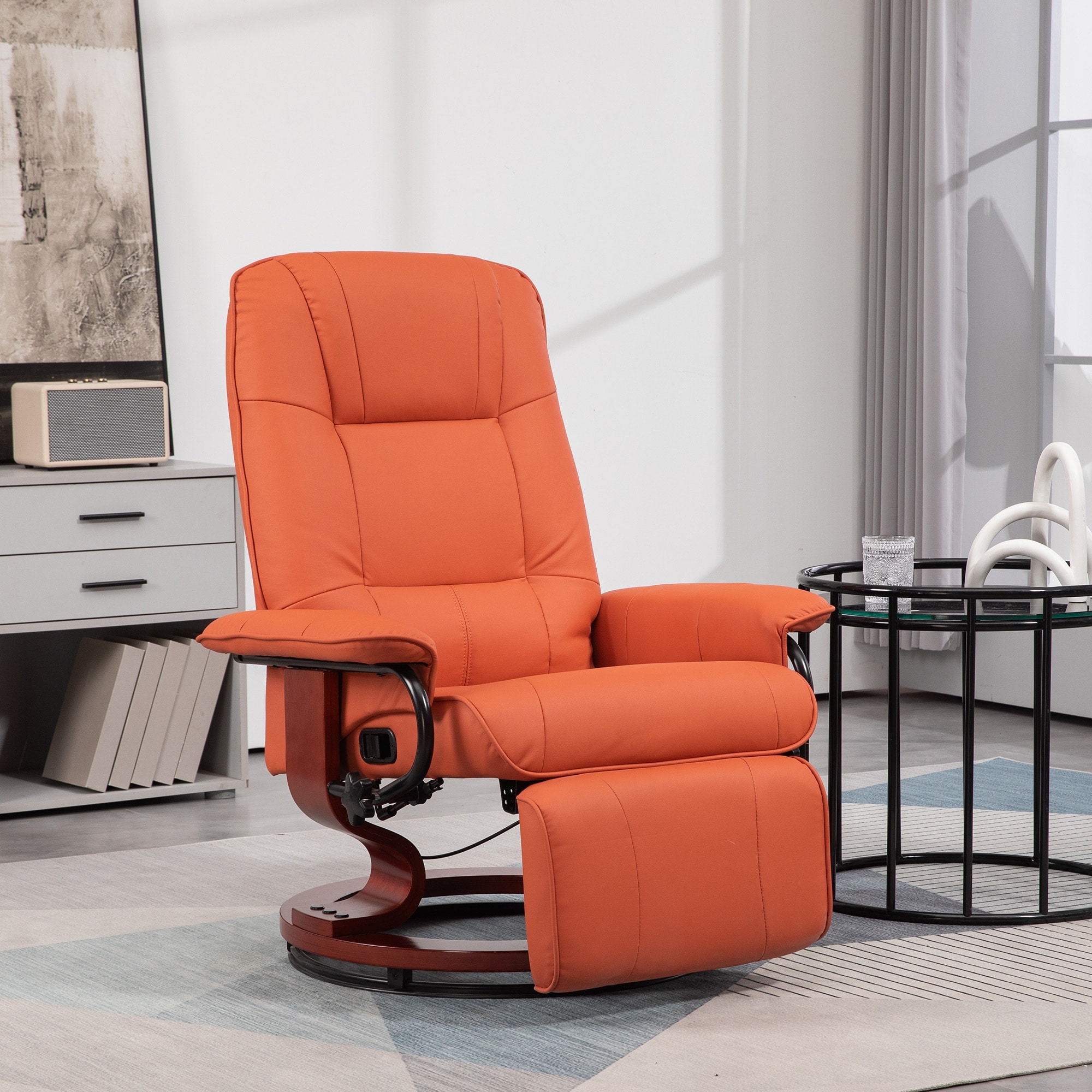Faux Leather Manual Recliner, Adjustable Swivel Lounge Chair with Footrest, Armrest and Wrapped Wood Base for Living Room