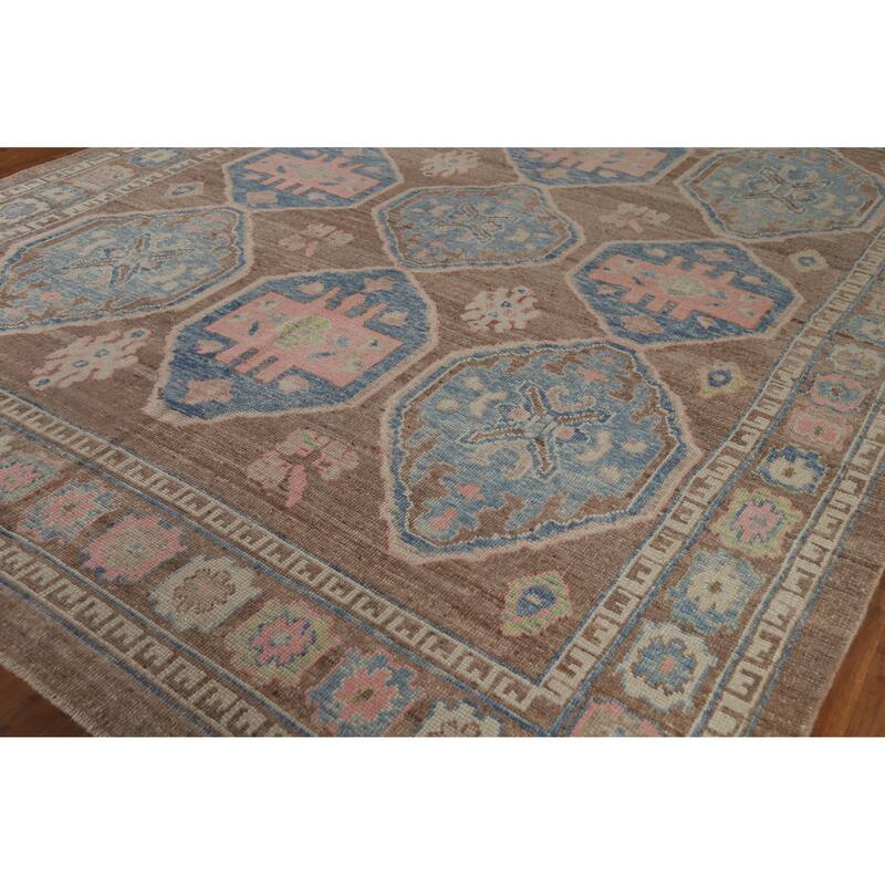 Hand Knotted Oriental 100% Wool Carpet Transitional All-Over Brown Oushak Area Rug - 12' 4'' X 9' 5''