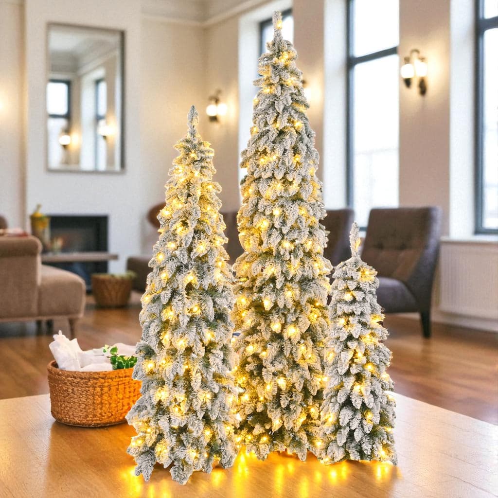 3-Piece Pre-Lit Pencil Christmas Tree Set 8FT 6FT 4FT, Snow Flocked Slim Trees with 520 LED Lights and 11 Modes, 1455 Tips