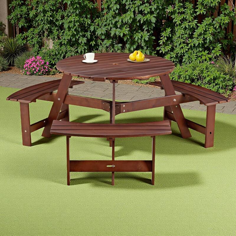 6-Person Outdoor Patio Wooden Round Picnic Table with 3 Built-in Benches and Umbrella Hole - Brown