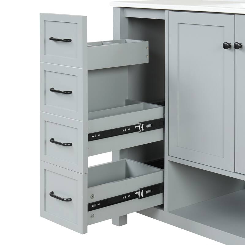 Freestanding Storage Cabinet Bathroom Vanity with Drop-In Sink, Ceramic Top, 2 Doors, 2 Drawers and Open Shelf