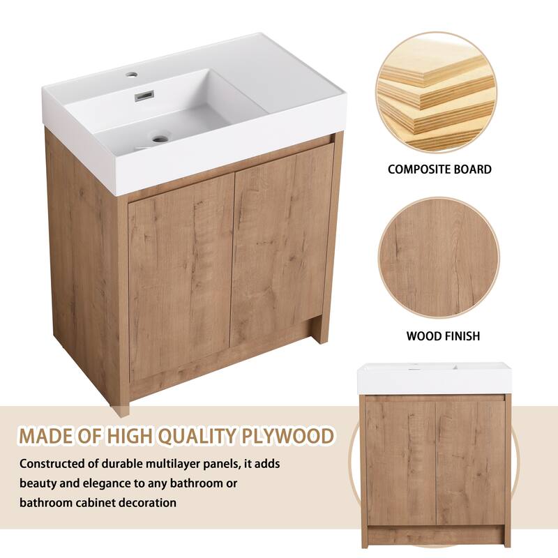 BNK 24/30/48/60 inch Freestanding Resin Sink Bathroom Vanity with Soft Close Door and Adjustable Shelf