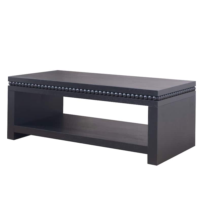 47 inch Modern Black Coffee Table Beaded Trim Rectangular Open Storage Shelf Living Room