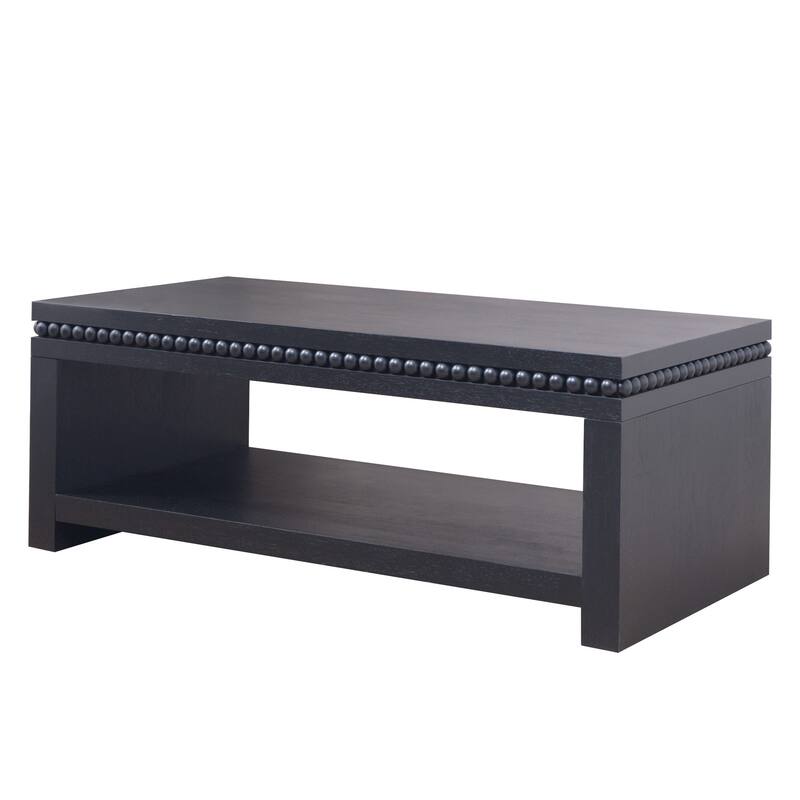 Rectangular Wood Coffee Table with Beaded Trim and Open Storage Shelf