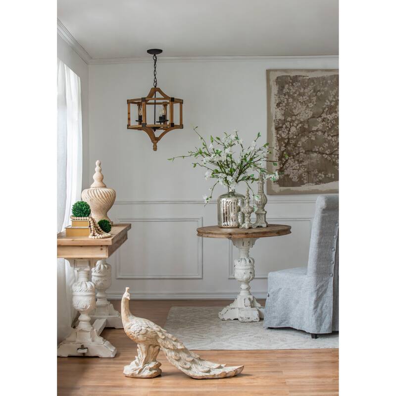 3 - Light Wood Drum Chandelier, Hanging Light Fixture with Adjustable Chain for Foyer Entryway, Bulb Not Included