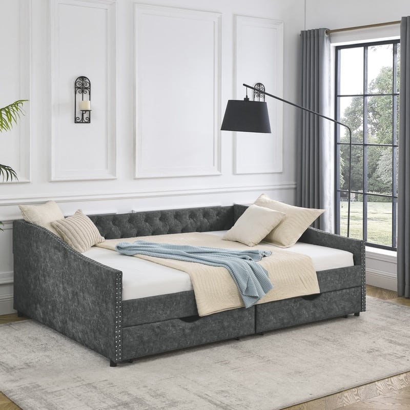 Queen Size Upholstered Tufted Daybed Sofa Bed with Two Drawers