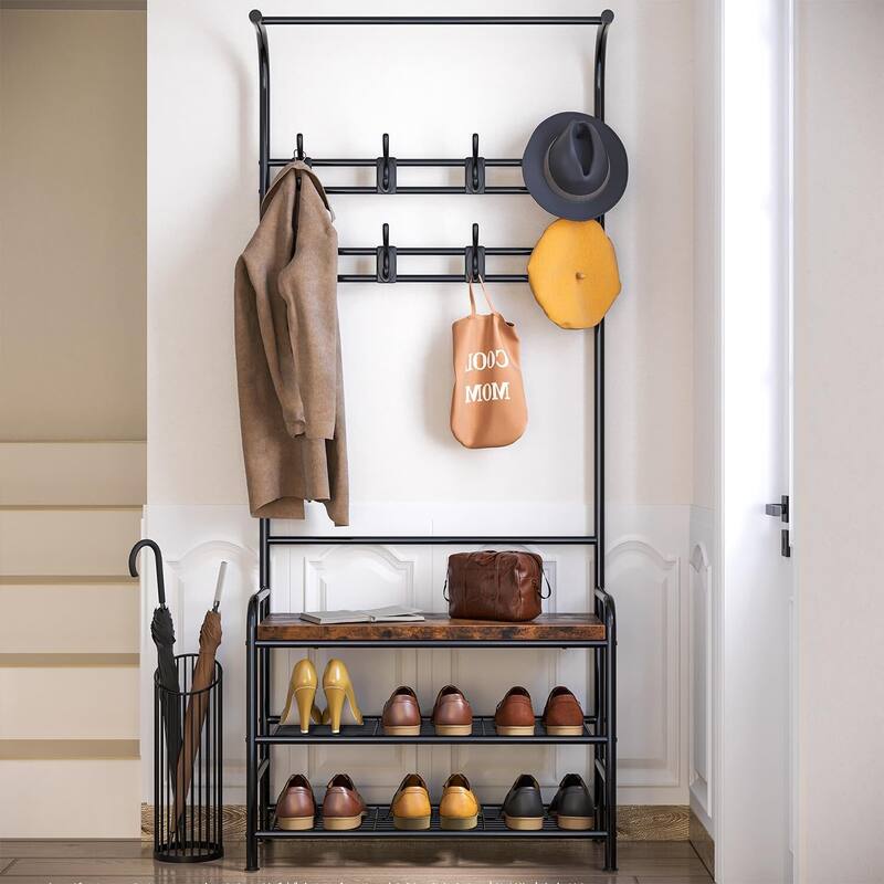 Coat Bench Hall Tree Shoe Rack for Entryway - Brown