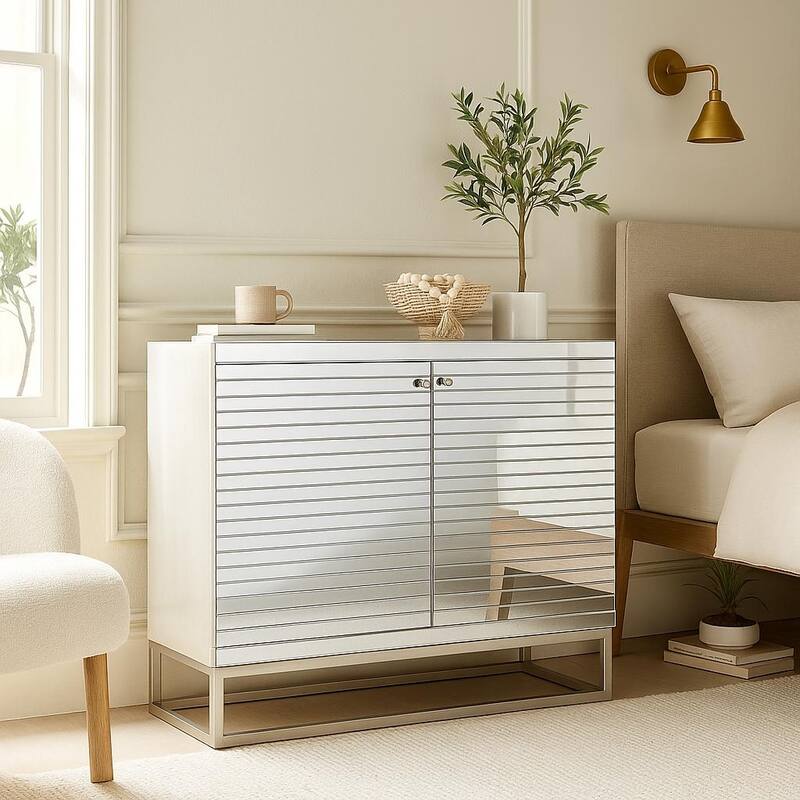 Glass 2 Door Cabinet with Linear Striped Panels and Gray Iron Base - Silver - Roche River Decor - 18"W x 47"L x 38"H