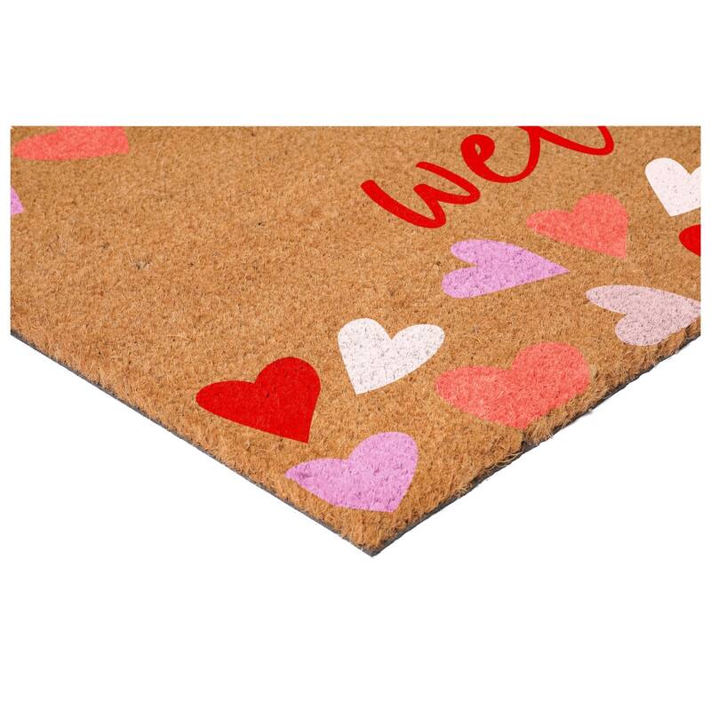 HomeRoots 17" X 29" Brown Pink Red And White Hearts Welcome Outdoor Coir Door Mat - 17.00' X '29.00