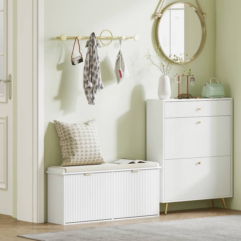 Cushion Seating Shoe Bench with Storage Drawers and Beadboard Panel Perfect Holds Up to 10 Pairs - 40.9" W x 10.2" D x 18.7" H