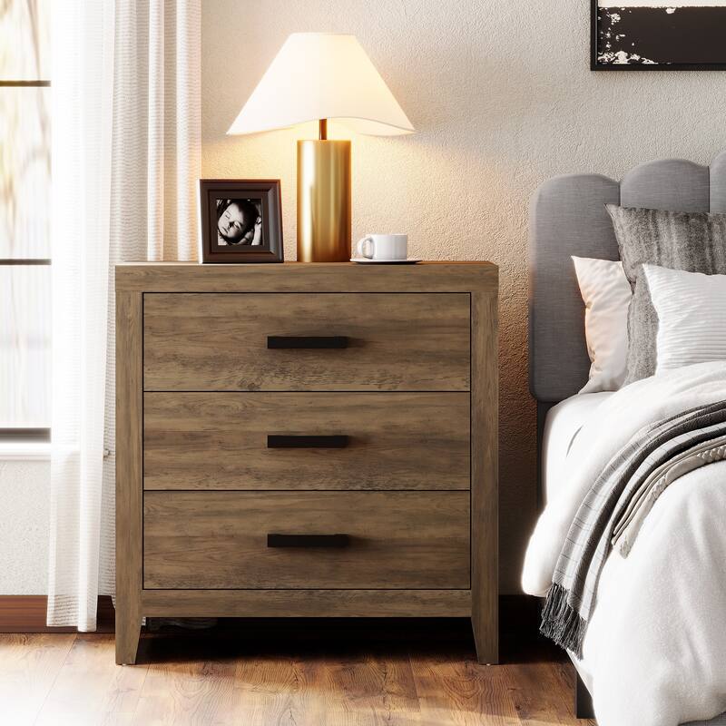 WAMPAT Farmhouse Nightstand with 3 Drawers, Large Wood Bedside Table - Brown - 3-drawer