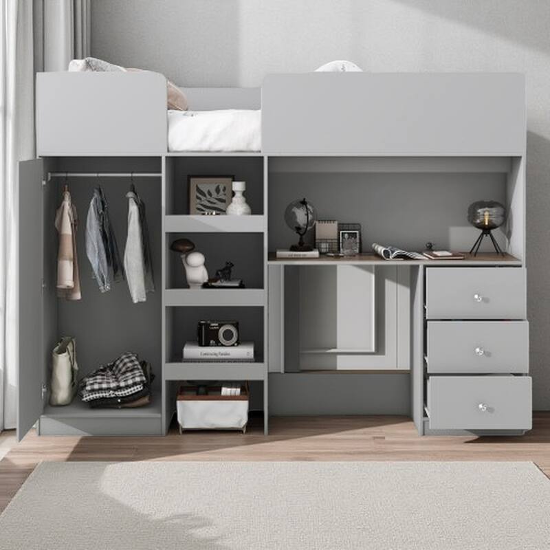 Full Size Loft Bed with Desk, Wardrobe, Drawers & Shelves, Wood Frame with Built-In Storage and Study Area - Grey