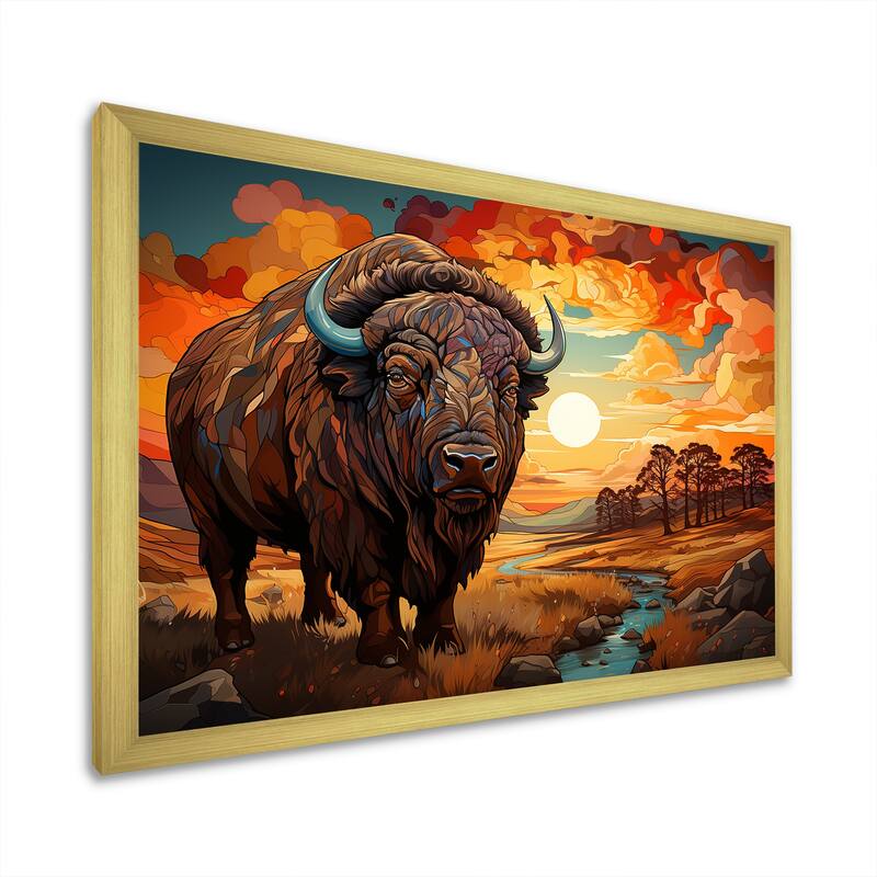 Designart "Native Buffalo Guardian Of Meadow" Native American Art Framed Wall Art Living Room