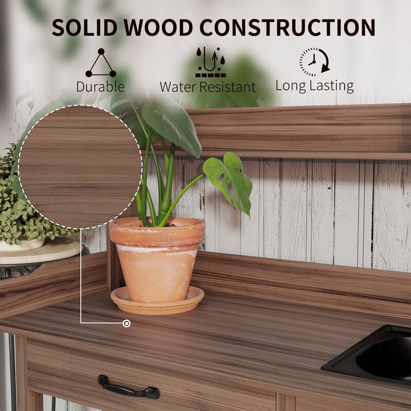 Outsunny Potting Bench Table with Faucet, Sink, Hooks and Storage Cabinet, Outdoor Prep Table Gardening Bench