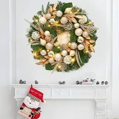 24 Inch Lighted Christmas Wreath with Pine Cones & Ball Ornaments - N/A