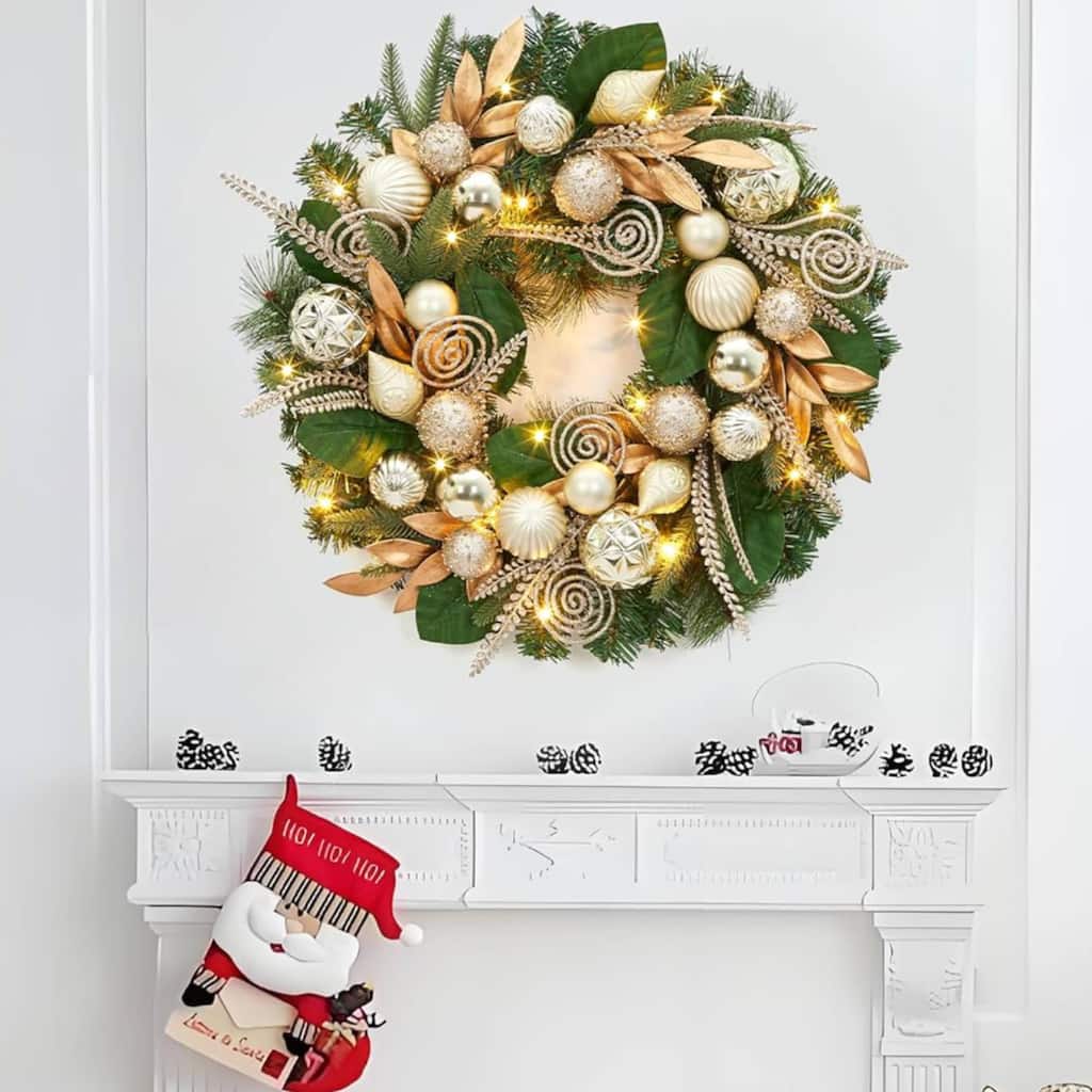 24 Inch Lighted Christmas Wreath with Pine Cones & Ball Ornaments - N/A