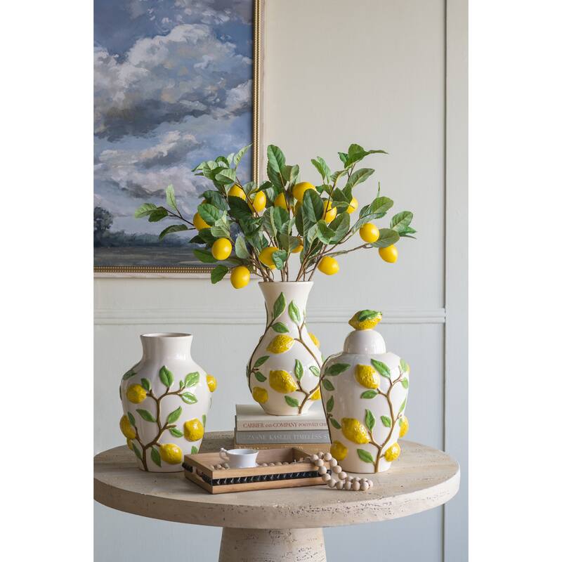 9x9x12.5" White Ceramic Vase with Vibrant Yellow Lemon Accents