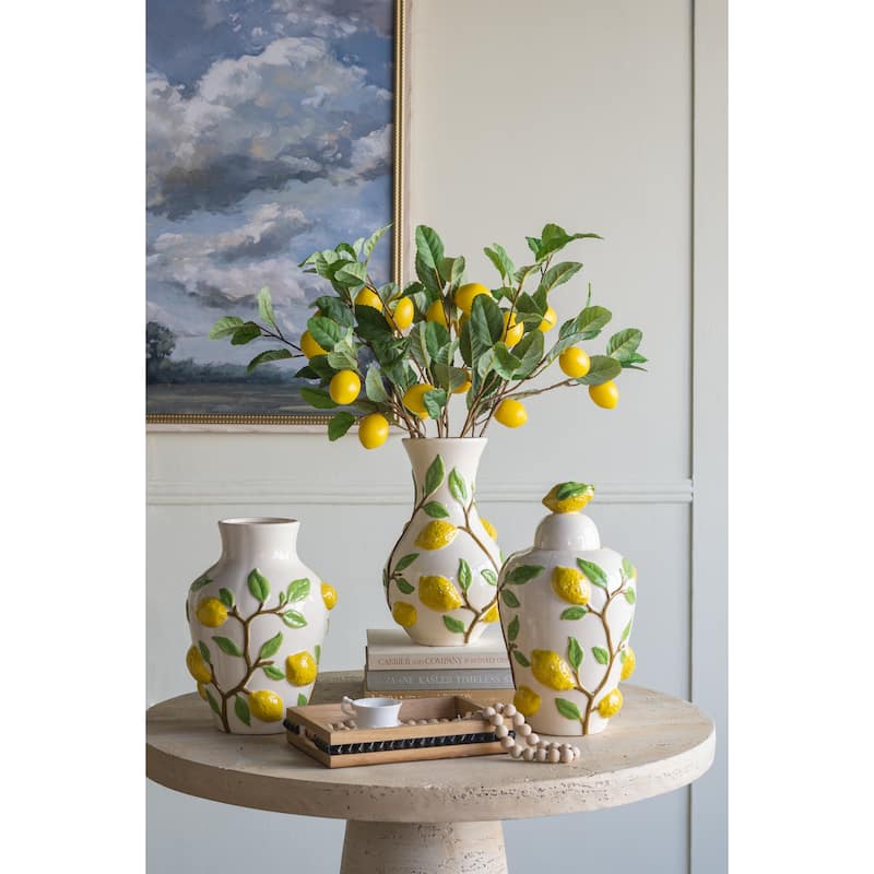 9x9x13.5" Round White Ceramic Vase with Vibrant Yellow Lemon Accents