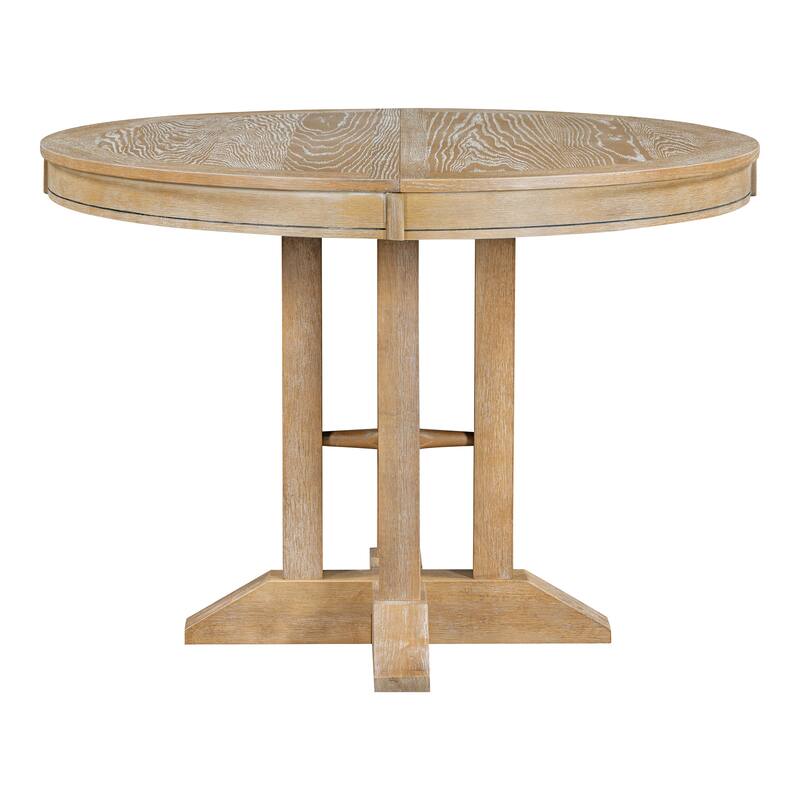 Farmhouse 5-Piece Dining Set with Extendable Round Table and 4 Upholstered Chairs for Kitchen or Dining Room