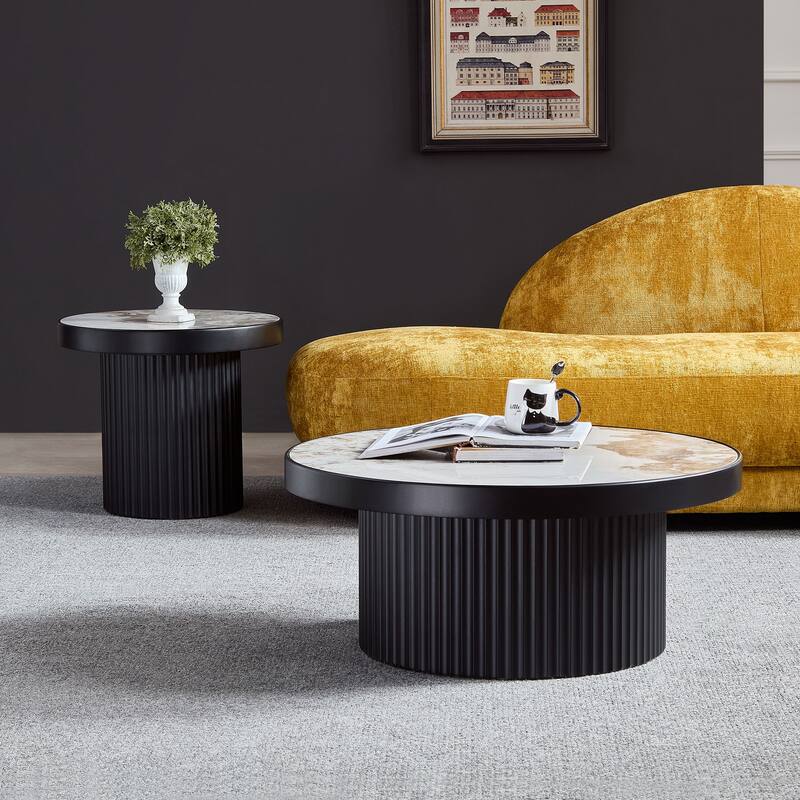 Nesting Round Coffee Table Set with Sintered Stone Tabletop, Modern Living Room Center Table