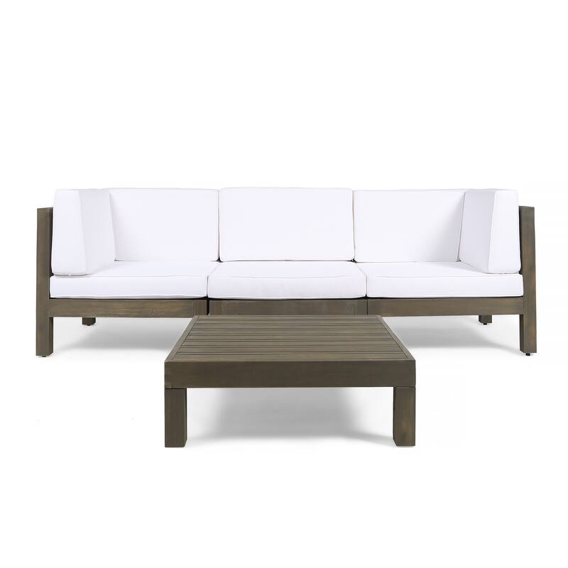 Brava Outdoor 3-Seater Acacia Wood Sectional Sofa Set with Coffee Table and Cushions by Christopher Knight Home - gray + white cushion