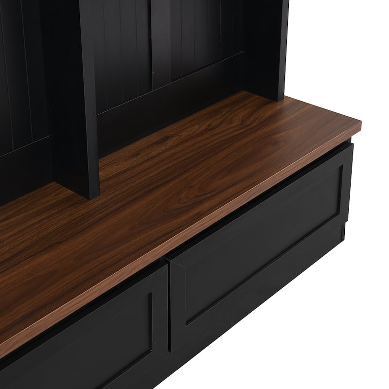 4-in-1 Hall Tree with Storage Bench & 6 Black Hooks, Wood Coat Rack with 2 Large Drawer & Curved Top