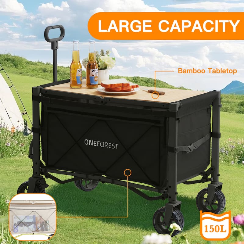 Foldable Camping Cart with Adjustable Handle, Bamboo Tabletop, Foldable storage, and Waterproof Oxford Canopy