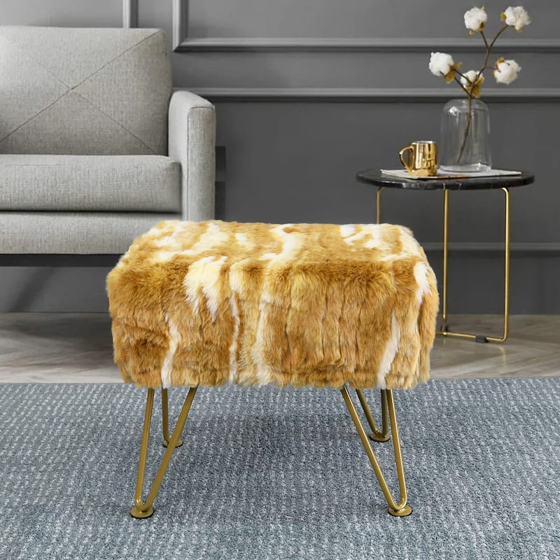 Home Soft Things Soft Fauxfur Ottoman Fuzzy Entryway Bench Seat - 19"x13"x17" - Amber gold