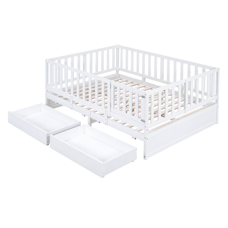 Full Size Wood Daybed with Fence Guardrails and 2 Drawers