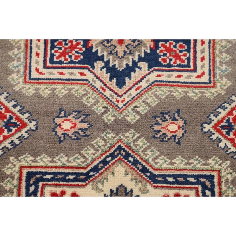 Geometric Kazak Oriental Area Rug Handmade Grey Wool Carpet - 5'0" x 6'6"