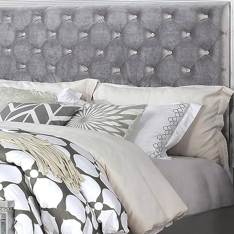 Fery Queen Size Bed, Gray Velvet Upholstery, Silver Mirror Accents