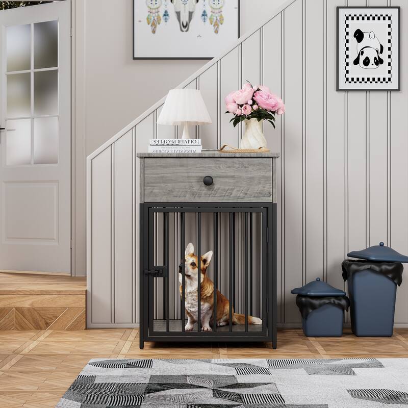 Dog Crate Furniture, Dog House, Decorative Dog Kennel with Drawer, Indoor Pet Crate End Table for Small Dog, Iron-Tube Dog Cage