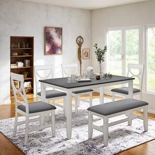 6-Piece Farmhouse Style Wood Dining Table Set with Upholstered Bench ...
