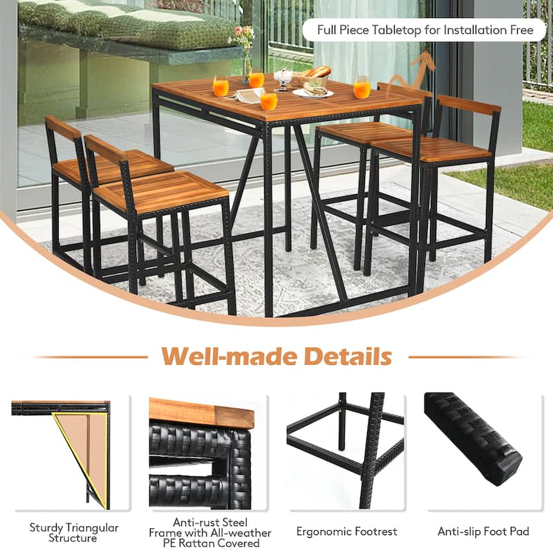 Costway 5PCS Patio Rattan Bar Table Stool Set Acacia Wood Top - See Details