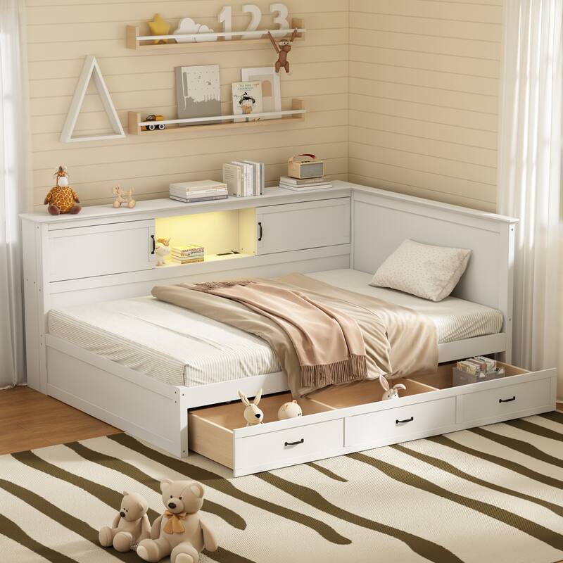 L-Shaped Bed Frame with 3 Spacious Drawers, LED Downlight by Harper&Bright Designs - Twin