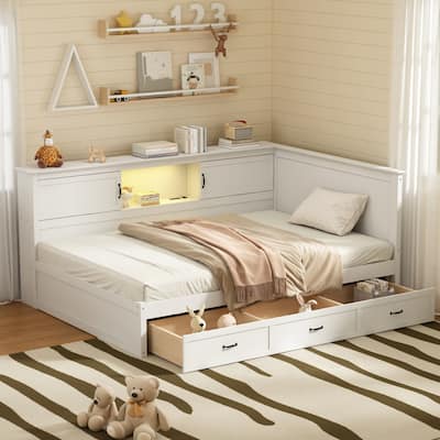 L-Shaped Bed Frame with 3 Spacious Drawers, LED Downlight by Harper&Bright Designs
