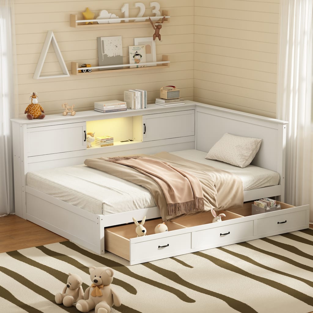 L-Shaped Bed Frame with 3 Spacious Drawers, LED Downlight by Harper&Bright Designs