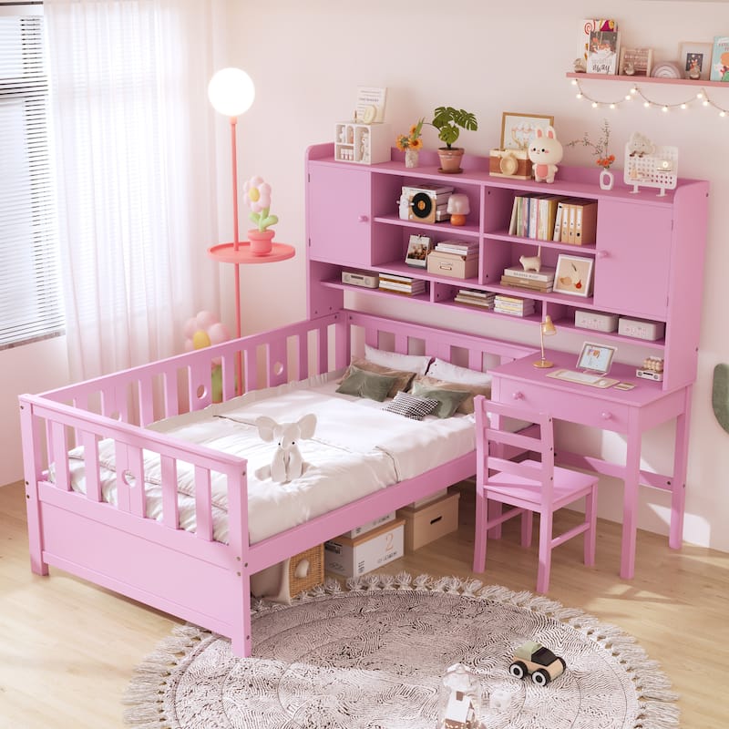 Twin Size Multifunctional Wood Platform Bed with Bookshelf at the Head of the Bed, Built-in Desk and Matching Chair, Pink