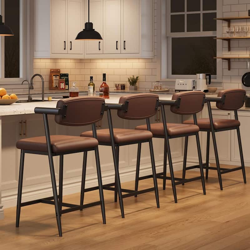 26" Counter Height Bar Stools Set of 2/4 with Arms, 2PCS/4PCS Modern Bar Stools Set with Back & Upholstered Wider Seat - Brown - 4Pcs
