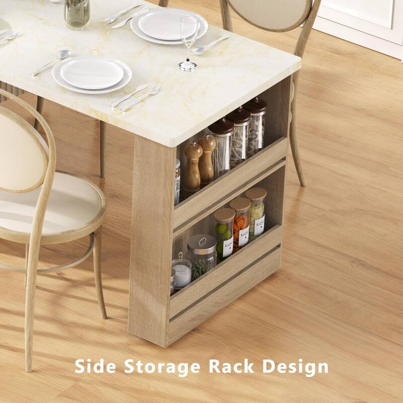 Kitchen Island with Extendable Dining Table & Power Outlet, Kitchen Table with Double-Side Storage, 2 Drawers & 2 Open Shelves