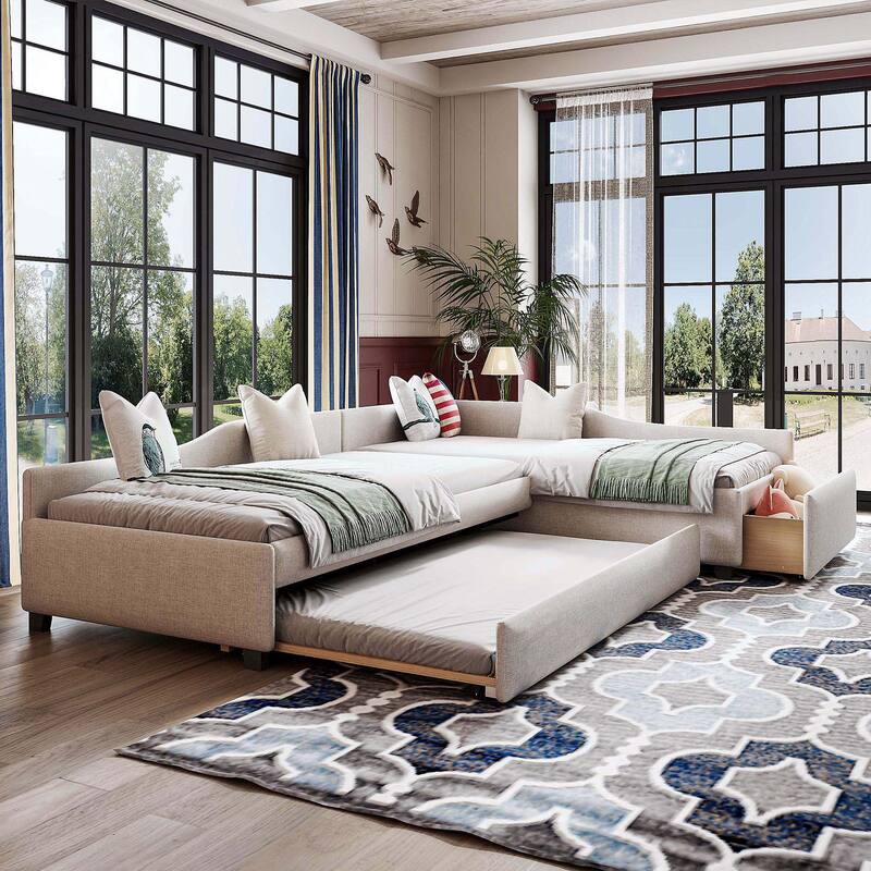 Double Twin Upholstered Daybed - Includes Trundle Bed & 2 Large Storage Drawers