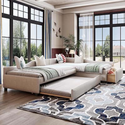 Upholstered Double Twin Daybed with Trundle & Storage Drawer - Space-Saving Upholstered Design for Bedroom & Guest Rooms