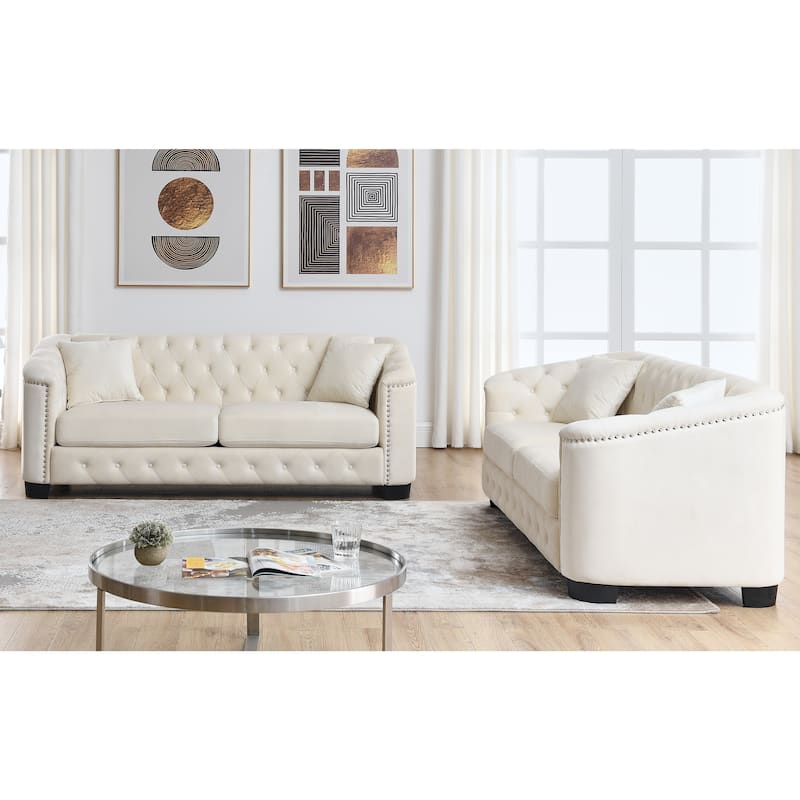 Roomfitters 5-Seater Chesterfield Sofa Set, 3+2 Velvet Tufted Couches with Rolled Arms, Nailhead Trim and Cushions - Beige - 6 Seater