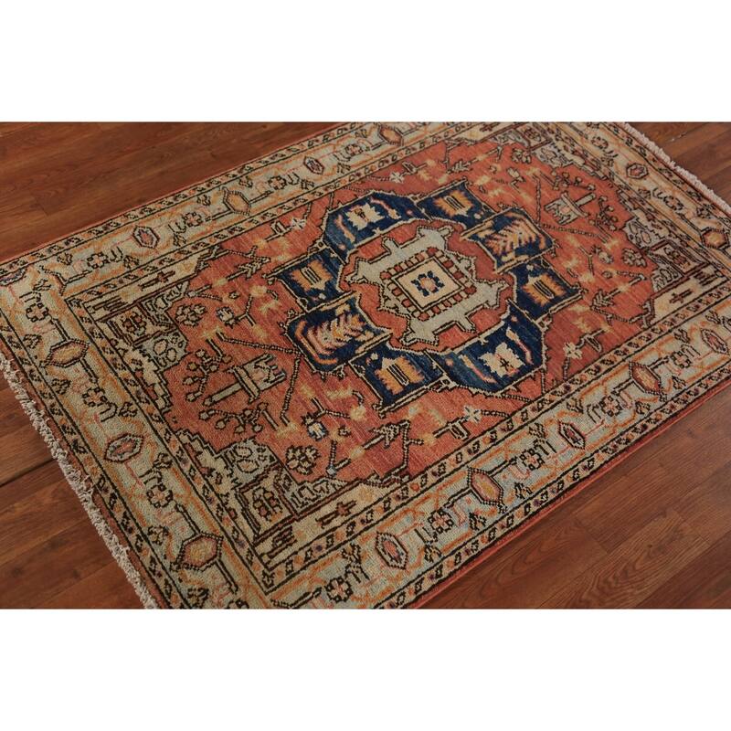Orange Heriz Serapi Vegetable Dye Accent Rug Handmade Wool Carpet - 3'2"x 4'8"