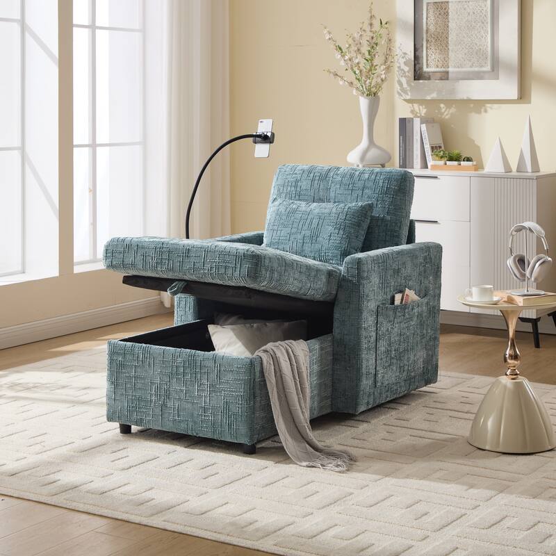 Multifunctional Lazy Person Sofa Recliner,Storage Backrest With Cell Phone Bracket Chenille Single Leisure Chair