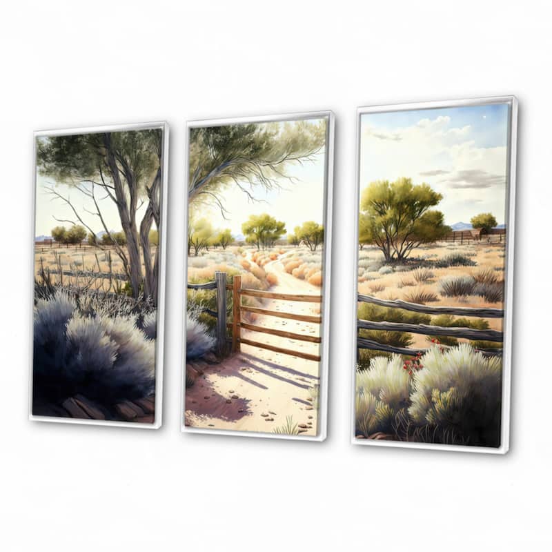 Designart "View Of The Pasture IV" Farmhouse / Country Framed Canvas Art Print - 3 Panels
