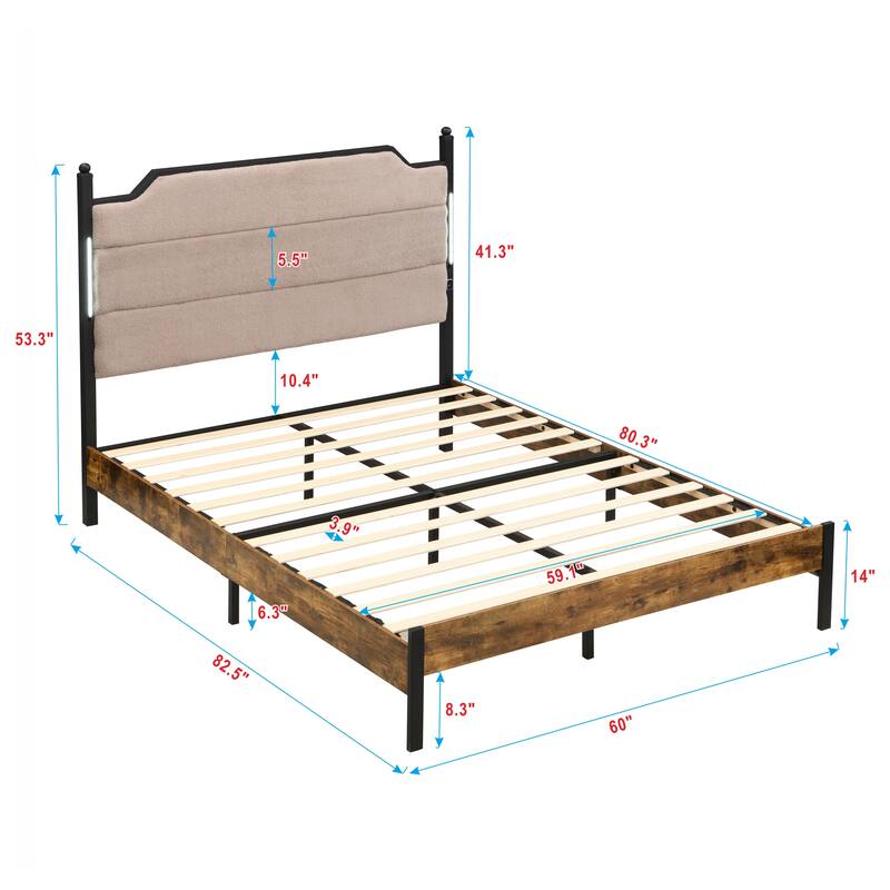 Queen Bed Frame , Upholstered headboard with Charging and Touch sensitive LED Lights, Under Bed Storage, No Box Spring Needed